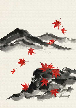 Japanese Ink Painting with Maple Leaves