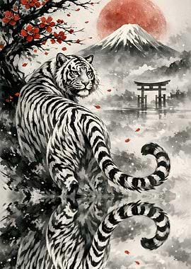 Tiger in Japanese Landscape Art
