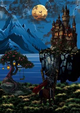 Fantasy Castle Landscape with Knight