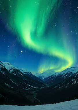 Aurora Borealis over Snowy Mountains
