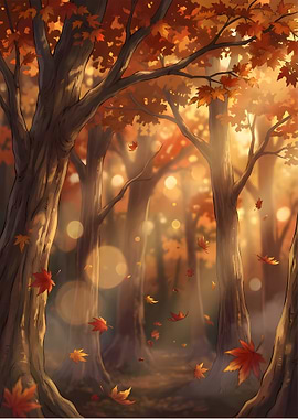 Autumn Forest with Falling Leaves