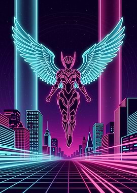 Neon Angel Over Cyberpunk City