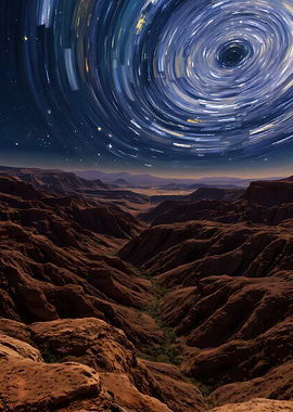 Desert Canyon Under Swirling Starry Sky