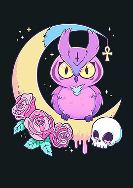 Pastel Goth Owl on Crescent Moon