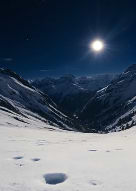 Snowy Mountain Valley at Night
