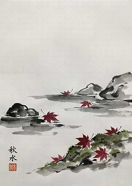 Japanese Ink Painting with Maple Leaves