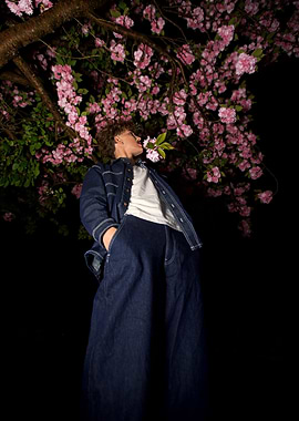 Person smelling pink cherry blossom at night