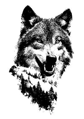 Wolf and Forest Black and White Art