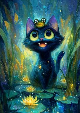 Whimsical Black Cat in Lily Pond