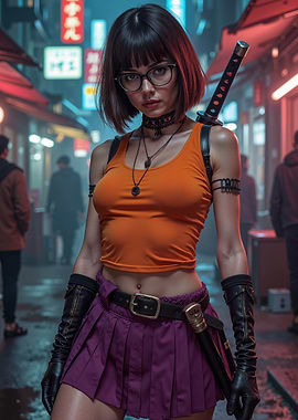 A Woman In An Orange Tank Top And Purple Skirt