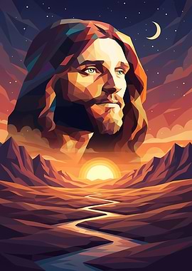 Geometric Jesus Portrait with Desert Landscape