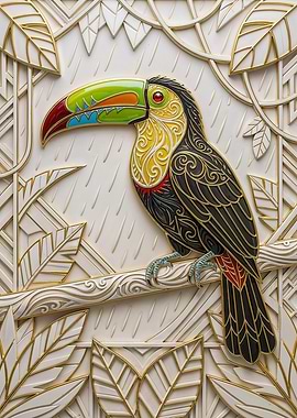 Art Deco Toucan Wall Art – Colorful Tropical Bird in Gold Line Luxury Decor