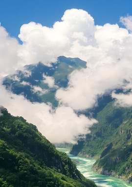Mountain River Landscape with Clouds