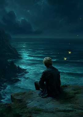 Contemplative Figure by the Ocean at Night