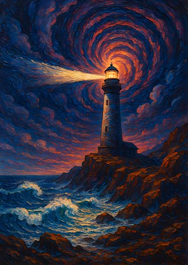 Lighthouse at Night with Swirling Sky