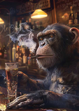 Chimpanzee Smoking Cigar in Bar