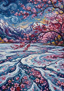 Cherry Blossoms and Mountains Painting