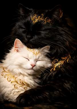 Black and White Cats Couple - Luxury Animal Wall Art - Romantic Gift Decor