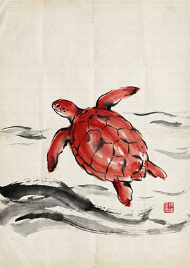 Red Turtle Ink Painting