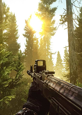 First-Person View of Rifle in Forest