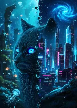 Cyberpunk Cat Cityscape