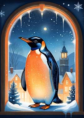 Winter Penguin Window Scene
