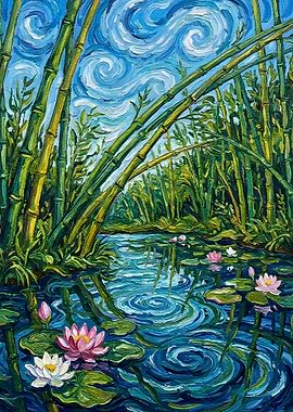 Bamboo and Water Lilies Painting
