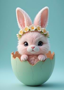 Pink Easter Bunny in Mint Eggshell with Spring Floral Crown