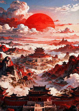 Red Asian Landscape with Temples