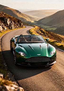 Green Aston Martin on Mountain Road