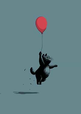 Flying Cat with Red Balloon