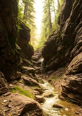 Creek Through Rocky Forest Canyon