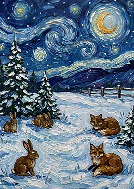 Winter Night Scene with Animals