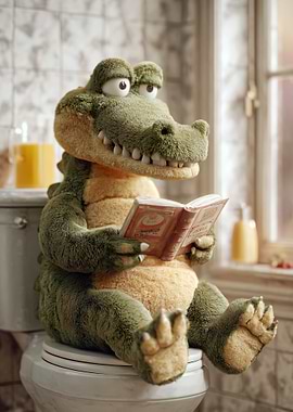Alligator Plush Reading on Toilet