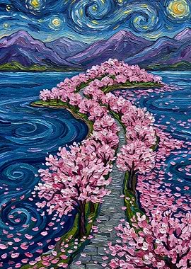 Cherry Blossom Path Under Starry Night