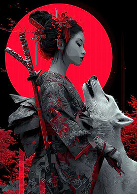 Geisha and Wolf in Red Moonlight