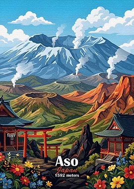 Mount Aso Japan Landscape Illustration