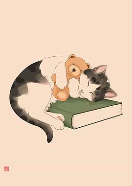 Sleeping Cat with Teddy Bear