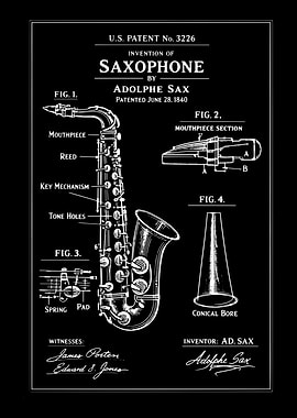 Saxophone Patent Blueprint by Adolphe Sax