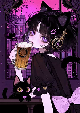 Cute Gothic Neko Girl Drinking Beer at Night