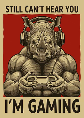 Still Can't Hear You Poster, Rhino Gaming Art, Gamer Wall Decor, Muscle Gamer Illustration
