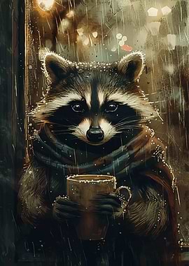 Raccoon with Coffee in the Rain