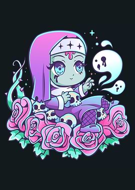 Gothic Pastel Zombie Nun with Roses