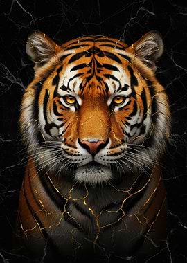 Tiger portrait with golden cracks