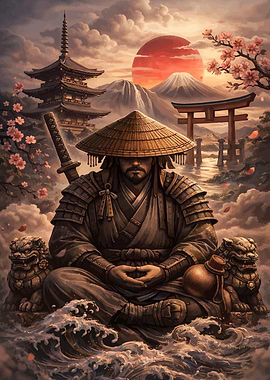 Meditating Samurai with Japanese Landscape