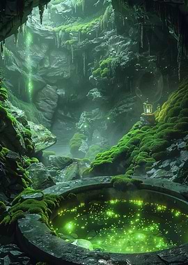 Mystical Green Cave with Glowing Pool