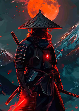 Samurai Warrior Under Red Moon