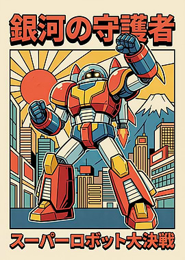 Retro Robot in Cityscape Illustration