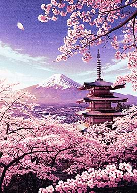 Japanese Pagoda with Cherry Blossoms and Fuji