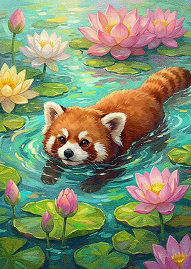 Red Panda Swimming in Lily Pond